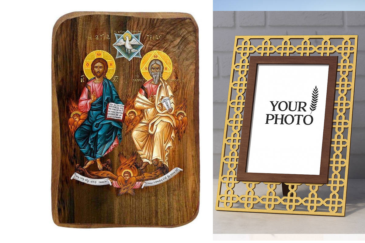 Σετ 2 τεμαχίων – Εικόνα Ορθοδοξίας Πολυτελείας  με  σχεδιο Σταυρούς μαζι με  Βάση σε  8 χρώματα με περίγραμμα χρυσό σε ξύλο Plywood (Πλακάζ)   με  βάση Σετ Μπομπονιέρα Βάπτισης Αγίας Τριάδας 20 τεμαχίων, Εικόνα Βάπτισης, Χειροποίητη Βυζαντινή εικόνα Bombo