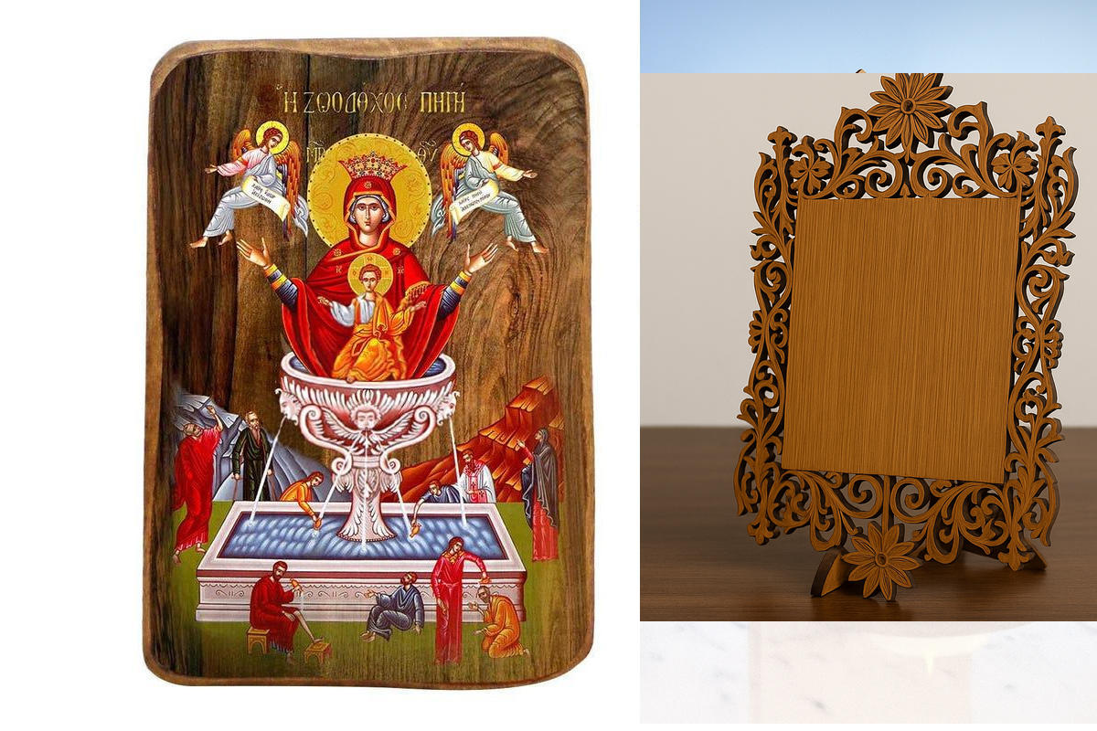 Εικόνα Ορθοδοξίας Δαντέλα μαζι με  Βάση σε  8 χρώματα με περίγραμμα χρυσό σε ξύλο Plywood (Πλακάζ)   με  βάση Παναγία η Ζωοδόχος Ανοιξιάτικη Μπομπονιέρα Βάπτισης Σετ 20 τεμαχίων, Εικόνα Βάπτισης, Bomboniera Χειροποίητη Βυζαντινή εικόνα 9x6cm, Χριστιανικό