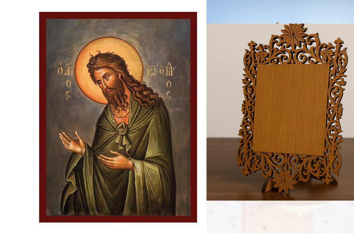 Σετ 2 τεμαχίων – Εικόνα Ορθοδοξίας Δαντέλα μαζι με  Βάση σε  8 χρώματα με περίγραμμα χρυσό σε ξύλο Plywood (Πλακάζ)   με  βάση Εικόνα του Αγίου Ιωάννη του Προδρόμου, Χειροποίητη Βυζαντινή εικόνα του Ιωάννη του Προδρόμου, Κρεμαστή πλάκα θρησκευτικής τέχνης