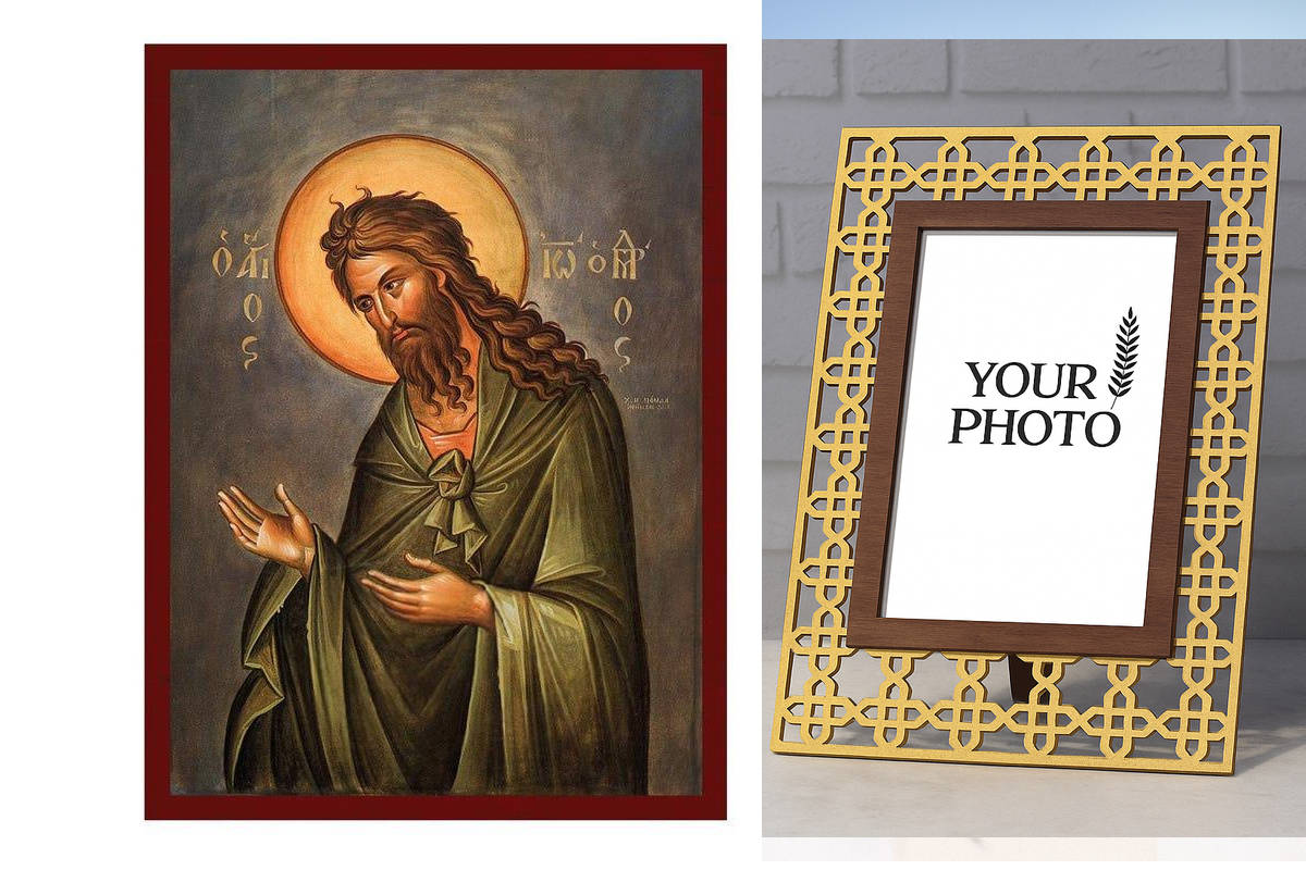 Εικόνα Ορθοδοξίας Πολυτελείας  με  σχεδιο Σταυρούς μαζι με  Βάση σε  8 χρώματα με περίγραμμα χρυσό σε ξύλο Plywood (Πλακάζ)   με  βάση Εικόνα του Αγίου Ιωάννη του Προδρόμου, Χειροποίητη Βυζαντινή εικόνα του Ιωάννη του Προδρόμου, Κρεμαστή πλάκα θρησκευτική