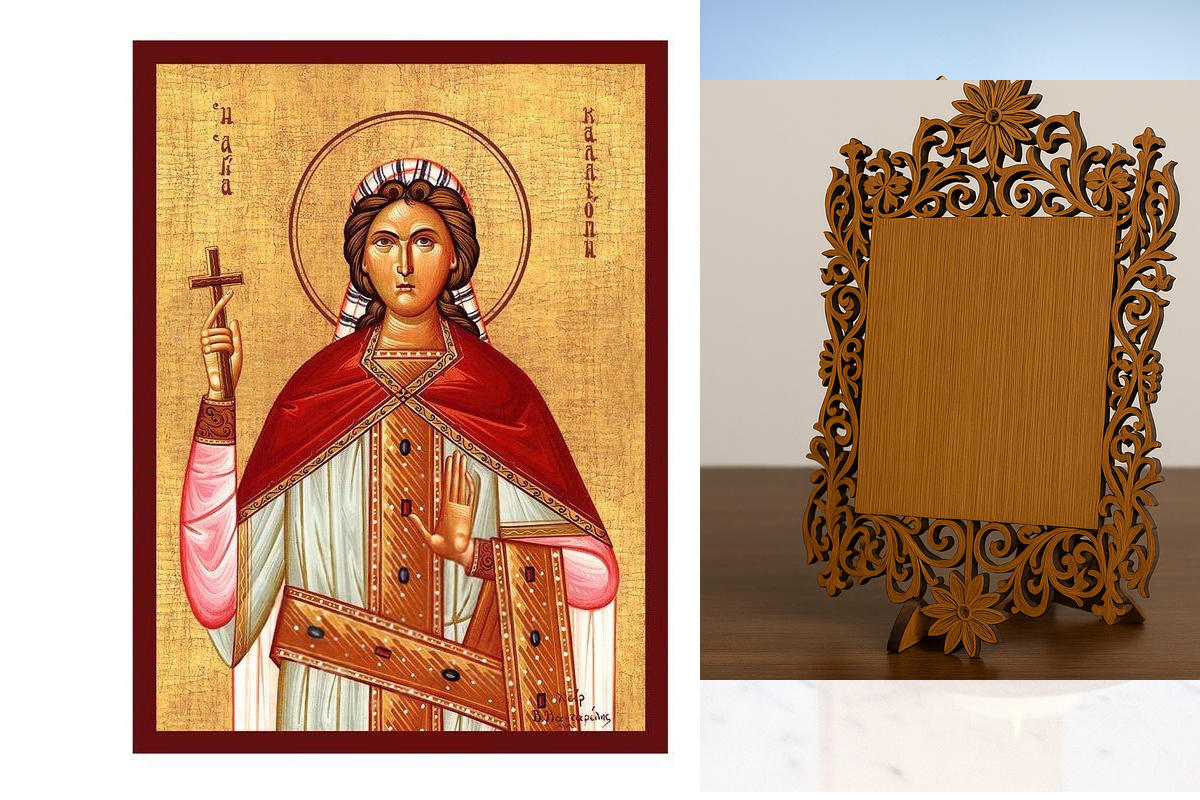 Εικόνα Ορθοδοξίας Δαντέλα μαζι με  Βάση σε  8 χρώματα με περίγραμμα χρυσό σε ξύλο Plywood (Πλακάζ)   με  βάση Εικόνα Αγίας Καλλιόπης, Χειροποίητη Βυζαντινή εικόνα Αγίας Καλλιόπης, Κρεμαστή πλάκα θρησκευτικής τέχνης, χριστιανικό δώρο Διάσταση 40x30 cm (15,