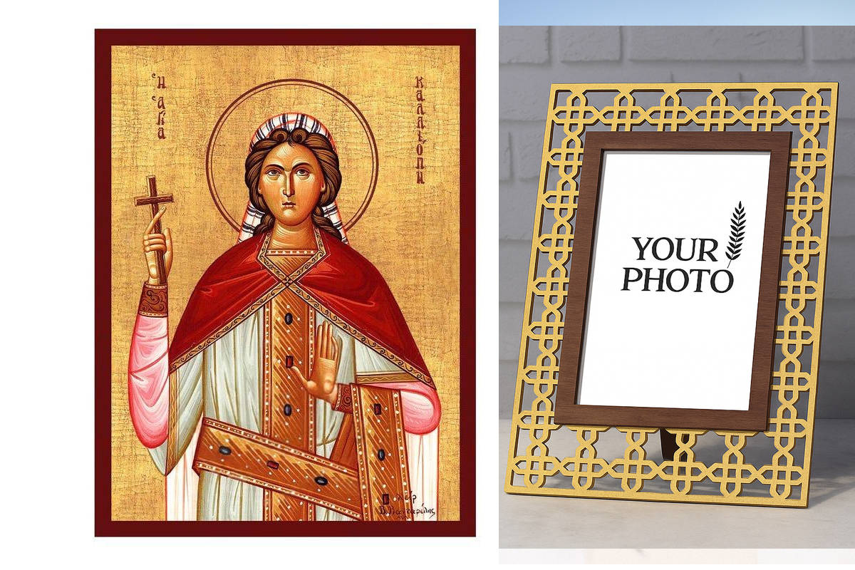 Εικόνα Ορθοδοξίας Πολυτελείας  με  σχεδιο Σταυρούς μαζι με  Βάση σε  8 χρώματα με περίγραμμα χρυσό σε ξύλο Plywood (Πλακάζ)   με  βάση Εικόνα Αγίας Καλλιόπης, Χειροποίητη Βυζαντινή εικόνα Αγίας Καλλιόπης, Κρεμαστή πλάκα θρησκευτικής τέχνης, χριστιανικό δώ