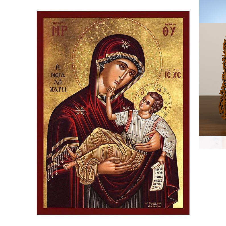 Εικόνα Ορθοδοξίας Δαντέλα μαζι με  Βάση σε  8 χρώματα με περίγραμμα χρυσό σε ξύλο Plywood (Πλακάζ)   με  βάση Εικόνα της Παναγίας της Μεγάλης Χάριτος, Χειροποίητη Βυζαντινή εικόνα της Παναγίας της Μεγαλόχαρης, Κρεμαστή πλάκα θρησκευτικής τέχνης, Χριστιανι