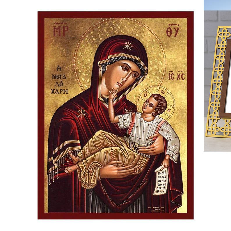 Εικόνα Ορθοδοξίας Πολυτελείας  με  σχεδιο Σταυρούς μαζι με  Βάση σε  8 χρώματα με περίγραμμα χρυσό σε ξύλο Plywood (Πλακάζ)   με  βάση Εικόνα της Παναγίας της Μεγάλης Χάριτος, Χειροποίητη Βυζαντινή εικόνα της Παναγίας της Μεγαλόχαρης, Κρεμαστή πλάκα θρησκ
