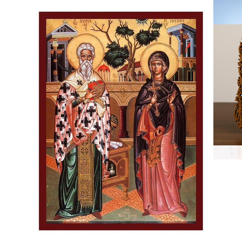 Εικόνα Ορθοδοξίας Δαντέλα μαζι με  Βάση σε  8 χρώματα με περίγραμμα χρυσό σε ξύλο Plywood (Πλακάζ)   με  βάση Εικόνα Αγίων Κυπριανού και Ιουστίνας, Χειροποίητη Βυζαντινή εικόνα Κυπριανού και Ιουστίνας, Κρεμαστή πλάκα θρησκευτικής τέχνης, Χριστιανικό δώρο