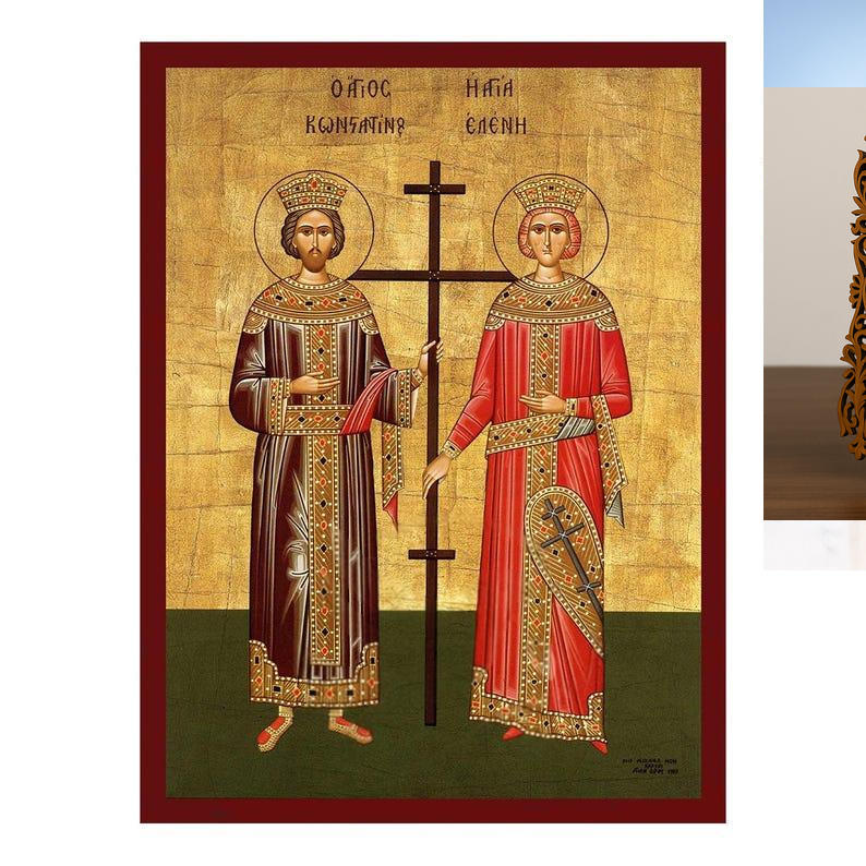 Εικόνα Ορθοδοξίας Δαντέλα μαζι με  Βάση σε  8 χρώματα με περίγραμμα χρυσό σε ξύλο Plywood (Πλακάζ)   με  βάση Εικόνα Αγίων Κωνσταντίνου και Ελένης, Χειροποίητη εικόνα Αγίου Κωνσταντίνου και Ελένης, Κρεμαστή πλάκα θρησκευτικής τέχνης, Χριστιανικό δώρο Διάσ