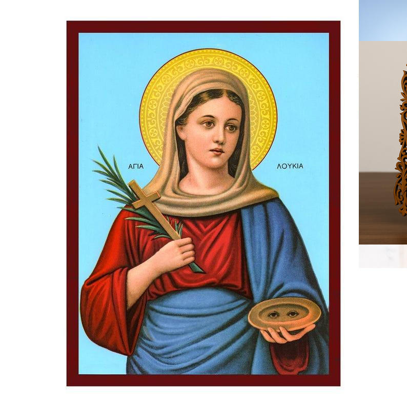 Εικόνα Ορθοδοξίας Δαντέλα μαζι με  Βάση σε  8 χρώματα με περίγραμμα χρυσό σε ξύλο Plywood (Πλακάζ)   με  βάση Εικόνα Αγίας Λουκίας, Χειροποίητη Βυζαντινή εικόνα της Αγίας Λουκίας, Κρεμαστή πλάκα θρησκευτικής τέχνης, Χριστιανικό δώρο Διάσταση 45x35 cm (17,