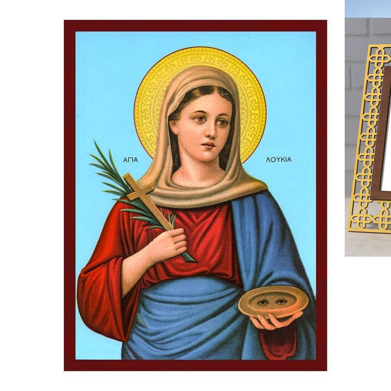 Σετ 2 τεμαχίων – Εικόνα Ορθοδοξίας Πολυτελείας  με  σχεδιο Σταυρούς μαζι με  Βάση σε  8 χρώματα με περίγραμμα χρυσό σε ξύλο Plywood (Πλακάζ)   με  βάση Εικόνα Αγίας Λουκίας, Χειροποίητη Βυζαντινή εικόνα της Αγίας Λουκίας, Κρεμαστή πλάκα θρησκευτικής τέχνη