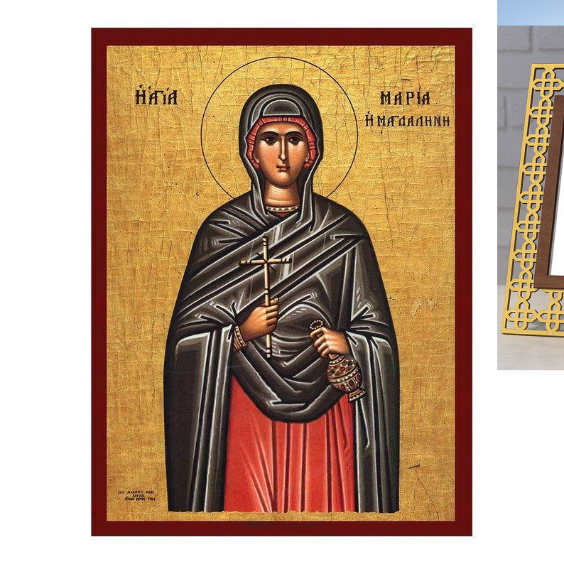 Εικόνα Ορθοδοξίας Πολυτελείας  με  σχεδιο Σταυρούς μαζι με  Βάση σε  8 χρώματα με περίγραμμα χρυσό σε ξύλο Plywood (Πλακάζ)   με  βάση Εικόνα Αγίας Μαρίας Μαγδαληνής, Χειροποίητη βυζαντινή εικόνα της Αγίας Μαρίας Μαγδαληνής, Κρεμαστή πλάκα θρησκευτικής τέ