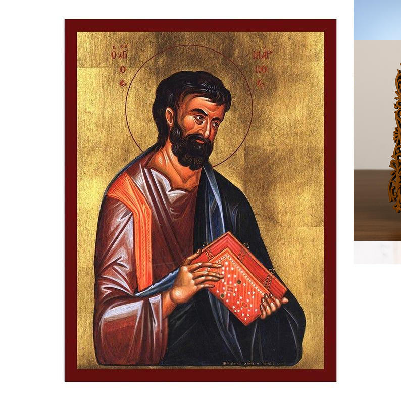 Εικόνα Ορθοδοξίας Δαντέλα μαζι με  Βάση σε  8 χρώματα με περίγραμμα χρυσό σε ξύλο Plywood (Πλακάζ)   με  βάση Εικόνα Αγίου Μάρκου του Ευαγγελιστή, Χειροποίητη Βυζαντινή εικόνα του Αγίου Μάρκου, Κρεμαστή πλάκα θρησκευτικής τέχνης, χριστιανικό δώρο Διάσταση