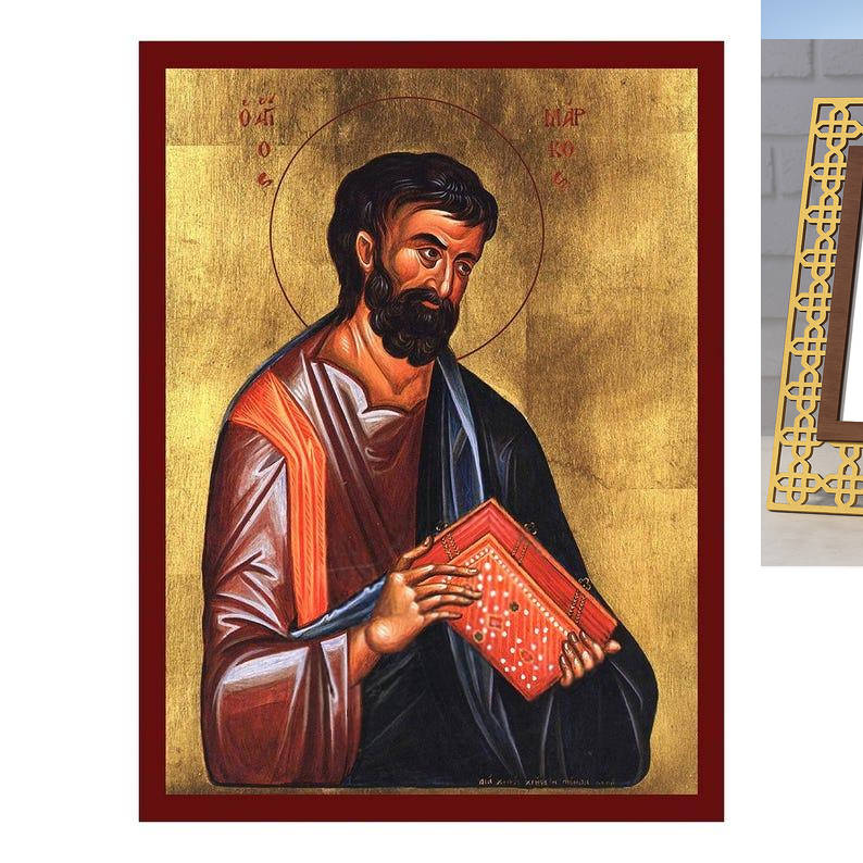 Σετ 2 τεμαχίων – Εικόνα Ορθοδοξίας Πολυτελείας  με  σχεδιο Σταυρούς μαζι με  Βάση σε  8 χρώματα με περίγραμμα χρυσό σε ξύλο Plywood (Πλακάζ)   με  βάση Εικόνα Αγίου Μάρκου του Ευαγγελιστή, Χειροποίητη Βυζαντινή εικόνα του Αγίου Μάρκου, Κρεμαστή πλάκα θρησ