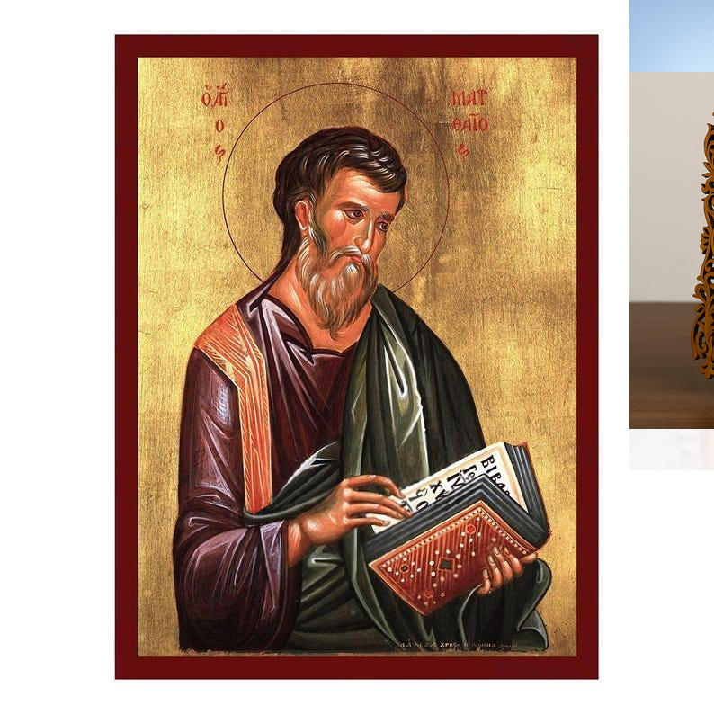 Εικόνα Ορθοδοξίας Δαντέλα μαζι με  Βάση σε  8 χρώματα με περίγραμμα χρυσό σε ξύλο Plywood (Πλακάζ)   με  βάση Εικόνα Αγίου Ματθαίου του Αποστόλου, Χειροποίητη Βυζαντινή εικόνα του Αποστόλου Ματθαίου, Κρεμαστή πλάκα θρησκευτικής τέχνης, χριστιανικό δώρο Δι