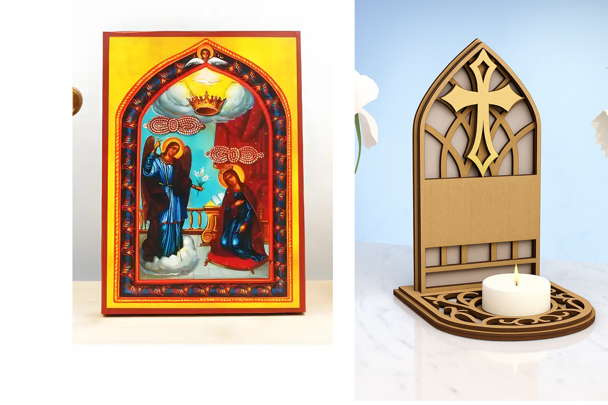 Εικόνα Ορθοδοξίας Καντηλάκι σε  8 χρώματα με περίγραμμα χρυσό σε ξύλο Plywood (Πλακάζ)   με  βάση Ο Ευαγγελισμός της Θεοτόκου "Κυρά της Τήνου", Ξύλινη Χειροποίητη Εικόνα Ελληνικής Premium Βυζαντινού Στυλ Κρεμαστή σε Ξύλινη Πλάκα Θρησκευτικό Χειροποίητη Ελ