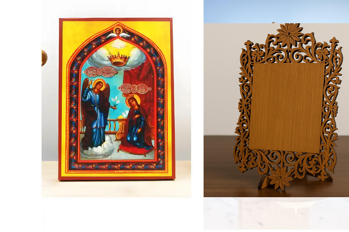 Εικόνα Ορθοδοξίας Δαντέλα μαζι με  Βάση σε  8 χρώματα με περίγραμμα χρυσό σε ξύλο Plywood (Πλακάζ)   με  βάση Ο Ευαγγελισμός της Θεοτόκου "Κυρά της Τήνου", Ξύλινη Χειροποίητη Εικόνα Ελληνικής Premium Βυζαντινού Στυλ Κρεμαστή σε Ξύλινη Πλάκα Θρησκευτικό Χε