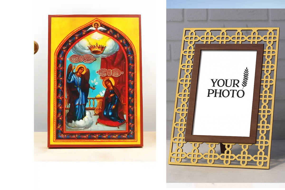 Εικόνα Ορθοδοξίας Πολυτελείας  με  σχεδιο Σταυρούς μαζι με  Βάση σε  8 χρώματα με περίγραμμα χρυσό σε ξύλο Plywood (Πλακάζ)   με  βάση Ο Ευαγγελισμός της Θεοτόκου "Κυρά της Τήνου", Ξύλινη Χειροποίητη Εικόνα Ελληνικής Premium Βυζαντινού Στυλ Κρεμαστή σε Ξύ