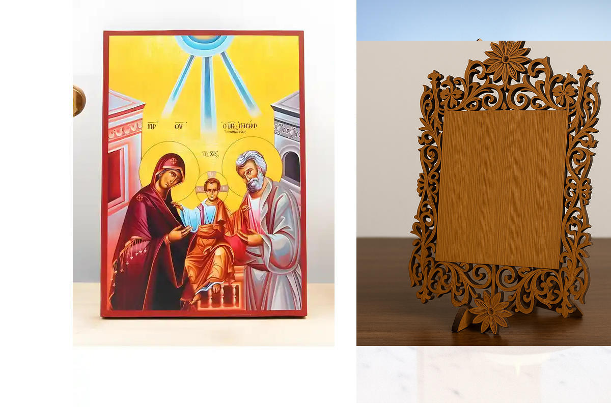 Σετ 2 τεμαχίων – Εικόνα Ορθοδοξίας Δαντέλα μαζι με  Βάση σε  8 χρώματα με περίγραμμα χρυσό σε ξύλο Plywood (Πλακάζ)   με  βάση Αγία Αγία Οικογένεια, Ξύλινη Χειροποίητη Εικόνα Ελληνικού Premium Βυζαντινού Στυλ Κρεμαστή σε ξύλινη πλάκα Θρησκευτικό θέμα Χειρ