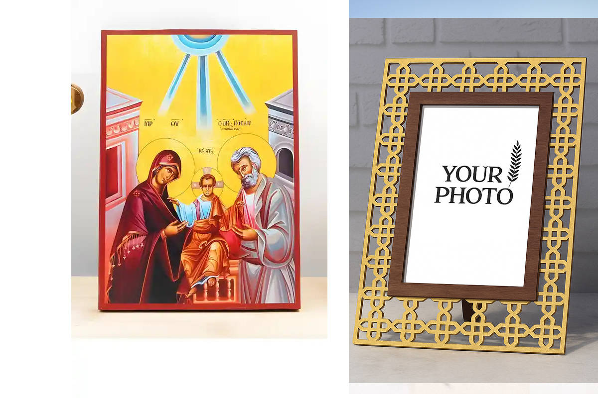 Εικόνα Ορθοδοξίας Πολυτελείας  με  σχεδιο Σταυρούς μαζι με  Βάση σε  8 χρώματα με περίγραμμα χρυσό σε ξύλο Plywood (Πλακάζ)   με  βάση Αγία Αγία Οικογένεια, Ξύλινη Χειροποίητη Εικόνα Ελληνικού Premium Βυζαντινού Στυλ Κρεμαστή σε ξύλινη πλάκα Θρησκευτικό θ