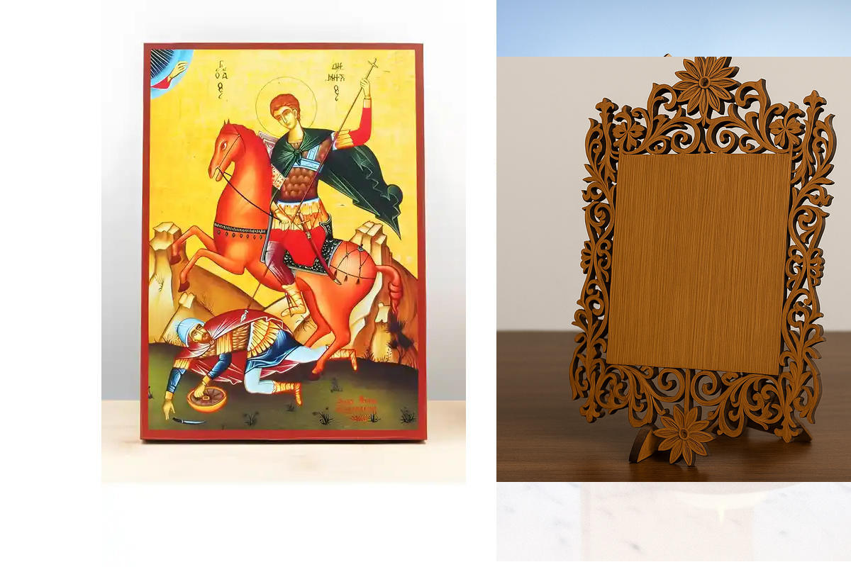 Εικόνα Ορθοδοξίας Δαντέλα μαζι με  Βάση σε  8 χρώματα με περίγραμμα χρυσό σε ξύλο Plywood (Πλακάζ)   με  βάση Άγιος Δημήτριος Θεσσαλονίκης, Ξύλινη Χειροποίητη Εικόνα Ελληνικής Premium Βυζαντινής Στυλ Κρεμαστή σε ξύλινη πλάκα Χειροποίητη Ελληνορθόδοξη εικό