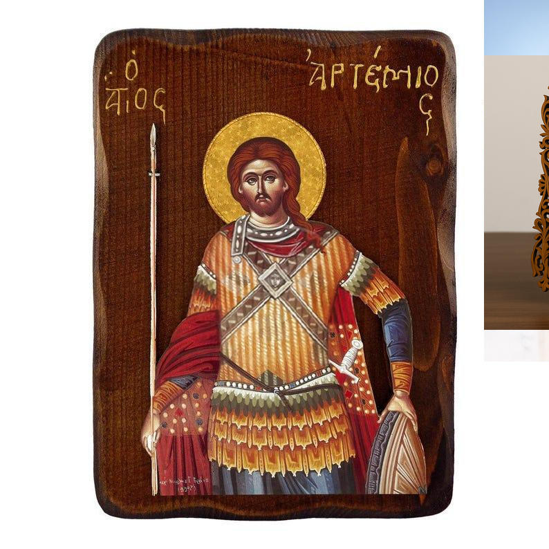 Εικόνα Ορθοδοξίας Δαντέλα μαζι με  Βάση σε  8 χρώματα με περίγραμμα χρυσό σε ξύλο Plywood (Πλακάζ)   με  βάση Εικόνα Αγίου Αρτεμίου, Χειροποίητη Ελληνορθόδοξη εικόνα του Αγίου Αρτεμίου, επιτοίχια βυζαντινή τέχνη, θρησκευτικό δώρο, χριστιανική διακόσμηση Δ