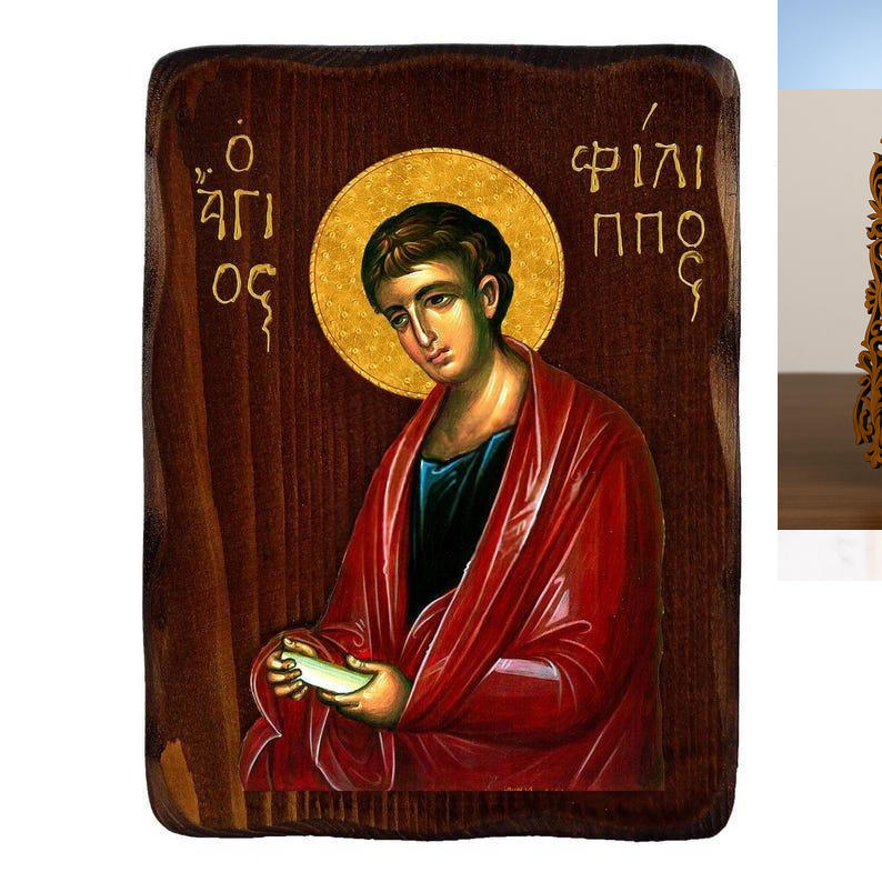 Εικόνα Ορθοδοξίας Δαντέλα μαζι με  Βάση σε  8 χρώματα με περίγραμμα χρυσό σε ξύλο Plywood (Πλακάζ)   με  βάση Εικόνα Αγίου Φιλίππου, Χειροποίητη Ελληνορθόδοξη εικόνα του Αγίου Φιλίππου, επιτοίχια πλάκα βυζαντινής τέχνης, θρησκευτικό δώρο, χριστιανική διακ