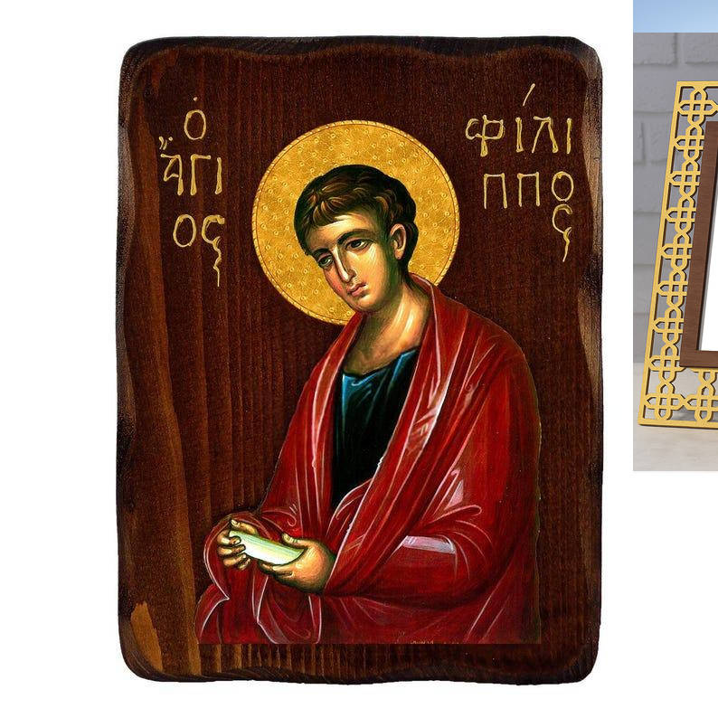 Σετ 2 τεμαχίων – Εικόνα Ορθοδοξίας Πολυτελείας  με  σχεδιο Σταυρούς μαζι με  Βάση σε  8 χρώματα με περίγραμμα χρυσό σε ξύλο Plywood (Πλακάζ)   με  βάση Εικόνα Αγίου Φιλίππου, Χειροποίητη Ελληνορθόδοξη εικόνα του Αγίου Φιλίππου, επιτοίχια πλάκα βυζαντινής