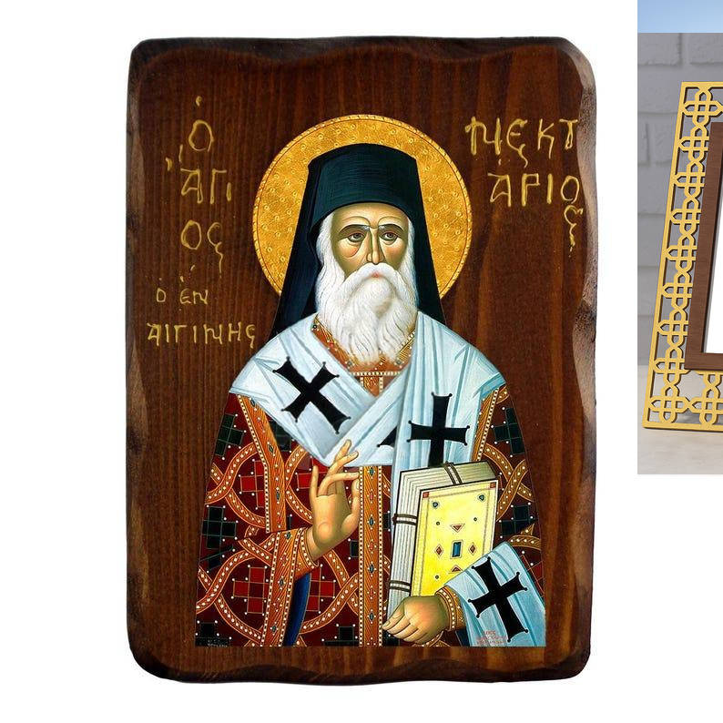 Εικόνα Ορθοδοξίας Πολυτελείας  με  σχεδιο Σταυρούς μαζι με  Βάση σε  8 χρώματα με περίγραμμα χρυσό σε ξύλο Plywood (Πλακάζ)   με  βάση Εικόνα Αγίου Νεκταρίου, Χειροποίητη Ελληνορθόδοξη εικόνα του Αγίου Νεκταρίου, επιτοίχια πλάκα βυζαντινής τέχνης, θρησκευ