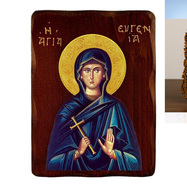 Εικόνα Ορθοδοξίας Δαντέλα μαζι με  Βάση σε  8 χρώματα με περίγραμμα χρυσό σε ξύλο Plywood (Πλακάζ)   με  βάση Εικόνα Αγίας Ευγενίας, Χειροποίητη ελληνορθόδοξη εικόνα της Αγίας Ευγενίας, επιτοίχια πλάκα βυζαντινής τέχνης, θρησκευτικό δώρο, χριστιανική διακ