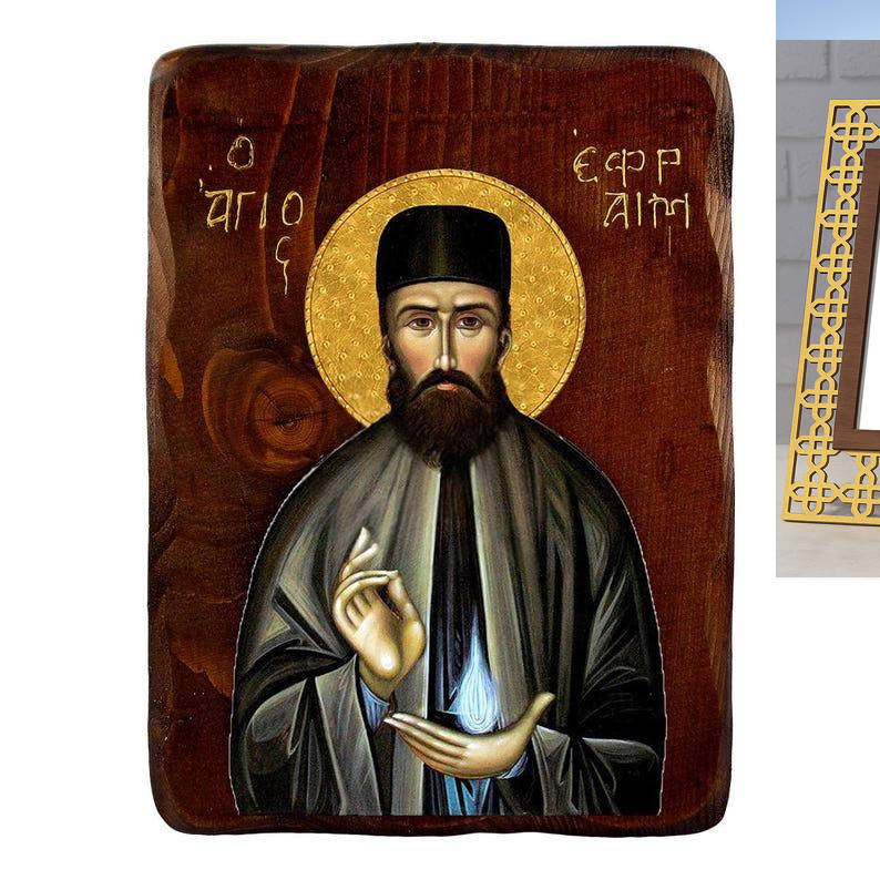 Εικόνα Ορθοδοξίας Πολυτελείας  με  σχεδιο Σταυρούς μαζι με  Βάση σε  8 χρώματα με περίγραμμα χρυσό σε ξύλο Plywood (Πλακάζ)   με  βάση Εικόνα Αγίου Εφραίμ, Χειροποίητη ελληνορθόδοξη εικόνα του Αγίου Εφραίμ, επιτοίχια πλάκα βυζαντινής τέχνης, θρησκευτικό δ