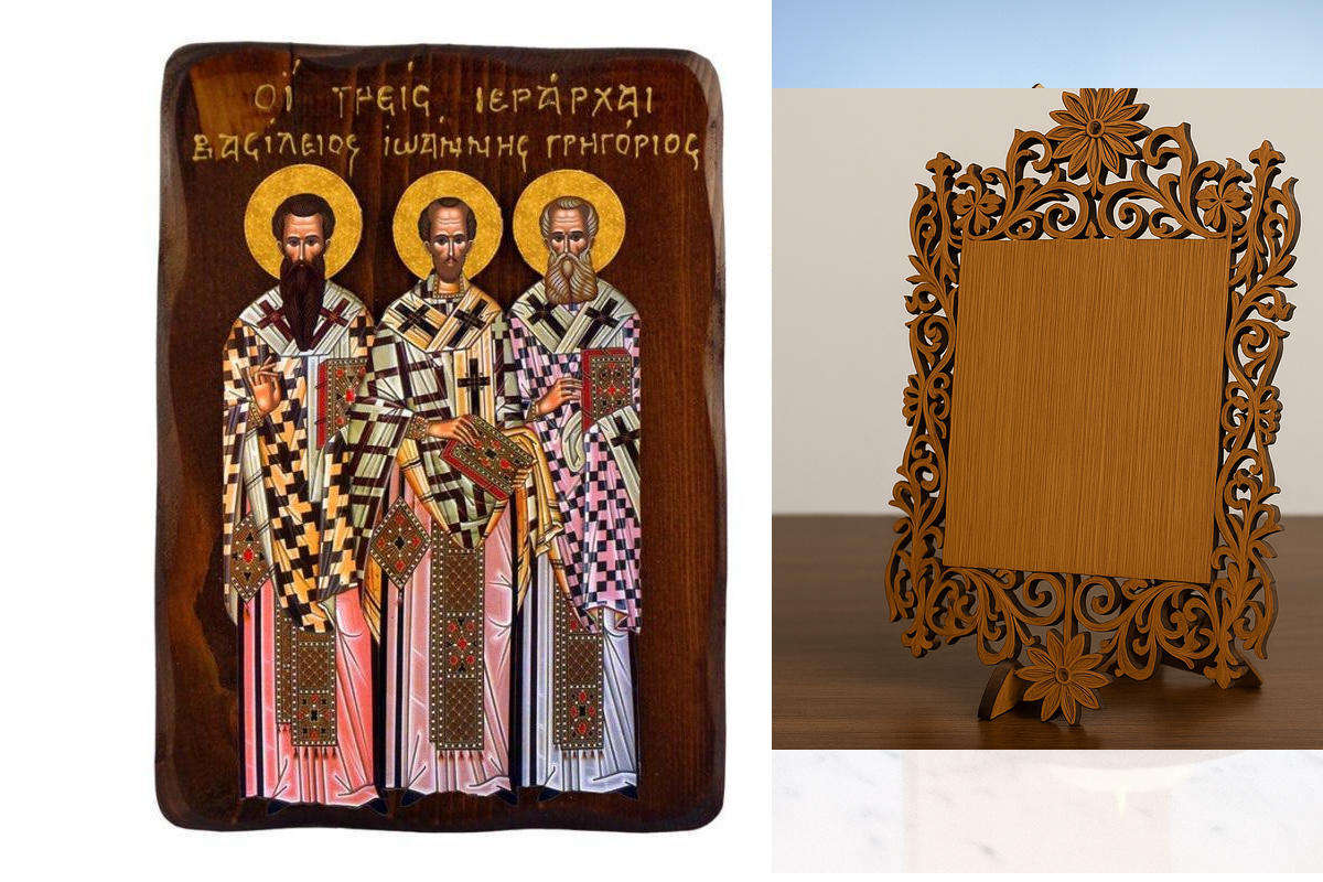 Σετ 2 τεμαχίων – Εικόνα Ορθοδοξίας Δαντέλα μαζι με  Βάση σε  8 χρώματα με περίγραμμα χρυσό σε ξύλο Plywood (Πλακάζ)   με  βάση Εικόνα των Τριών Ιεραρχών, Χειροποίητη Ελληνική εικόνα των Τριών Ιεραρχών, Κρεμαστή πλάκα βυζαντινής τέχνης, θρησκευτικό δώρο, χ