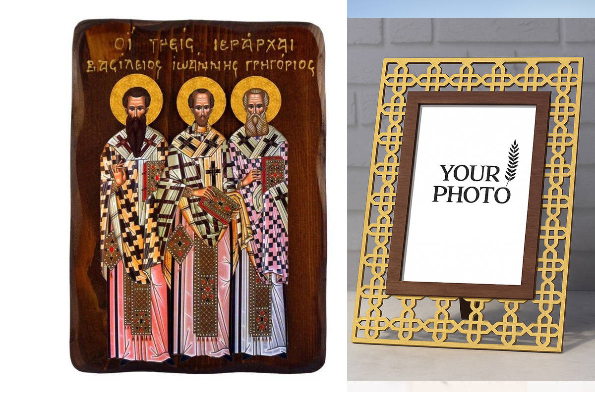 Σετ 2 τεμαχίων – Εικόνα Ορθοδοξίας Πολυτελείας  με  σχεδιο Σταυρούς μαζι με  Βάση σε  8 χρώματα με περίγραμμα χρυσό σε ξύλο Plywood (Πλακάζ)   με  βάση Εικόνα των Τριών Ιεραρχών, Χειροποίητη Ελληνική εικόνα των Τριών Ιεραρχών, Κρεμαστή πλάκα βυζαντινής τέ