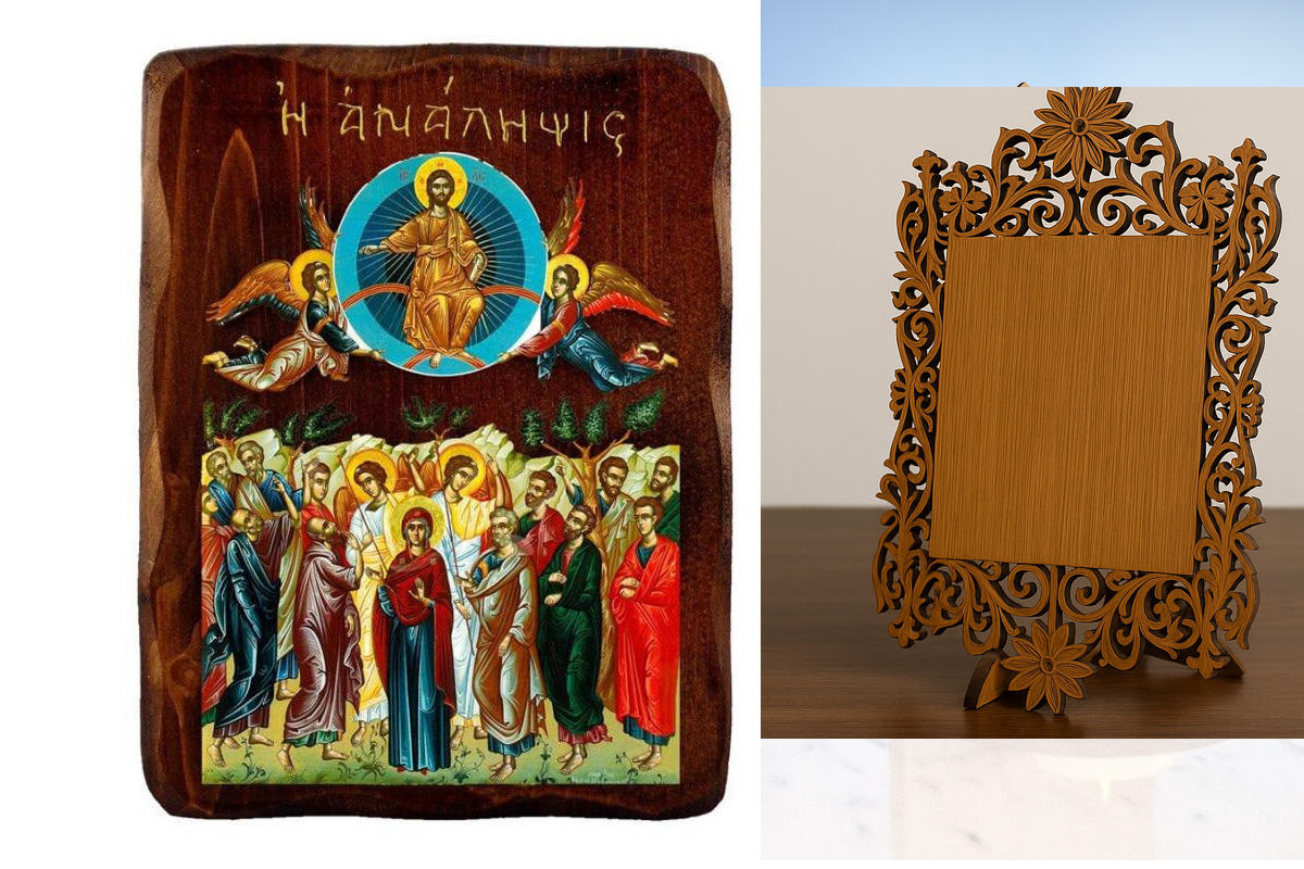 Εικόνα Ορθοδοξίας Δαντέλα μαζι με  Βάση σε  8 χρώματα με περίγραμμα χρυσό σε ξύλο Plywood (Πλακάζ)   με  βάση Εικόνα της Ανάληψης του Ιησού, Χειροποίητη Ελληνική εικόνα της Δόξας, επιτοίχια πλάκα βυζαντινής τέχνης, θρησκευτικό δώρο, χριστιανική διακόσμηση