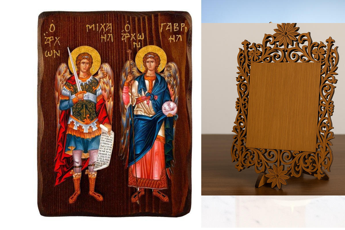 Σετ 2 τεμαχίων – Εικόνα Ορθοδοξίας Δαντέλα μαζι με  Βάση σε  8 χρώματα με περίγραμμα χρυσό σε ξύλο Plywood (Πλακάζ)   με  βάση Εικόνα Αρχαγγέλων Μιχαήλ και Γαβριήλ, Χειροποίητη Ελληνική εικόνα Αρχαγγέλων, Κρεμαστή πλάκα βυζαντινής τέχνης, θρησκευτικό δώρο