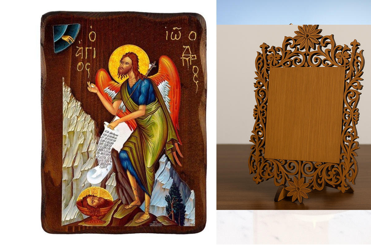 Εικόνα Ορθοδοξίας Δαντέλα μαζι με  Βάση σε  8 χρώματα με περίγραμμα χρυσό σε ξύλο Plywood (Πλακάζ)   με  βάση Εικόνα του Αγίου Ιωάννη του Βαπτιστή, Χειροποίητη ελληνική εικόνα του Ιωάννη του Προδρόμου, επιτοίχια πλάκα βυζαντινής τέχνης, θρησκευτικό δώρο,