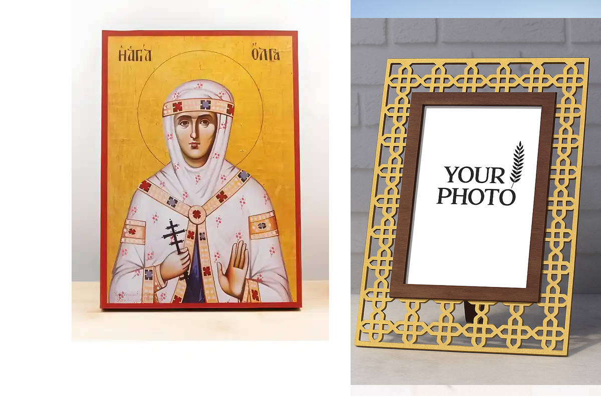 Εικόνα Ορθοδοξίας Πολυτελείας  με  σχεδιο Σταυρούς μαζι με  Βάση σε  8 χρώματα με περίγραμμα χρυσό σε ξύλο Plywood (Πλακάζ)   με  βάση Αγία Όλγα του Κιέβου, Ξύλινη Χειροποίητη Εικόνα Ελληνικού Premium Βυζαντινού Στυλ Κρεμασμένη σε ξύλινη πλάκα Χειροποίητη