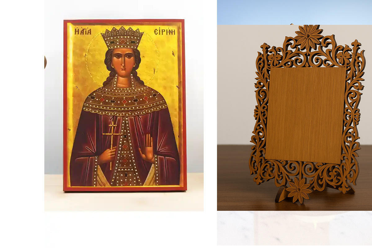 Εικόνα Ορθοδοξίας Δαντέλα μαζι με  Βάση σε  8 χρώματα με περίγραμμα χρυσό σε ξύλο Plywood (Πλακάζ)   με  βάση Αγία Ειρήνη η Μεγαλομάρτυς, Ξύλινη Χειροποίητη Εικόνα Ελληνικής Κορυφαίας Βυζαντινής Στυλ Κρεμασμένη σε ξύλινη πλάκα Χειροποίητη Ελληνορθόδοξη ει