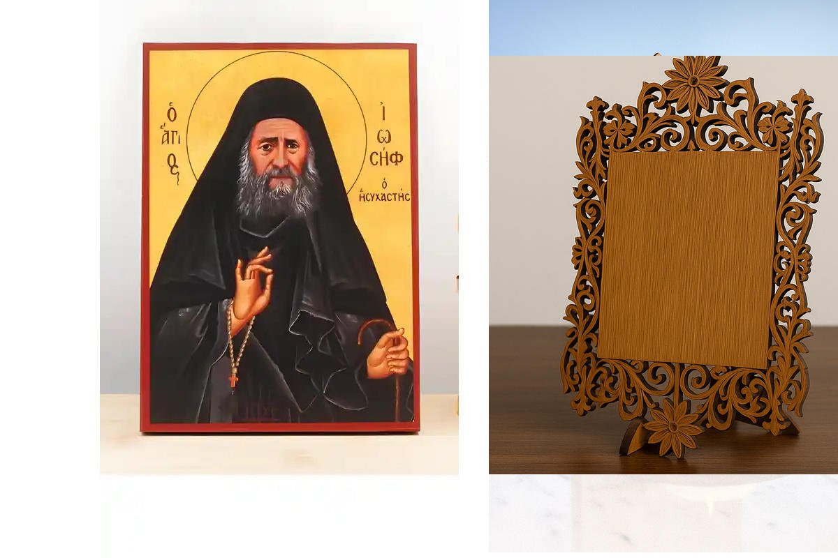 Εικόνα Ορθοδοξίας Δαντέλα μαζι με  Βάση σε  8 χρώματα με περίγραμμα χρυσό σε ξύλο Plywood (Πλακάζ)   με  βάση Άγιος Ιωσήφ ο Ησυχαστής, Ξύλινη Χειροποίητη Εικόνα Ελληνικού Βυζαντινού Στυλ Κρεμασμένη σε ξύλινη πλάκα Χειροποίητη Ελληνορθόδοξη εικόνα του Ιησο