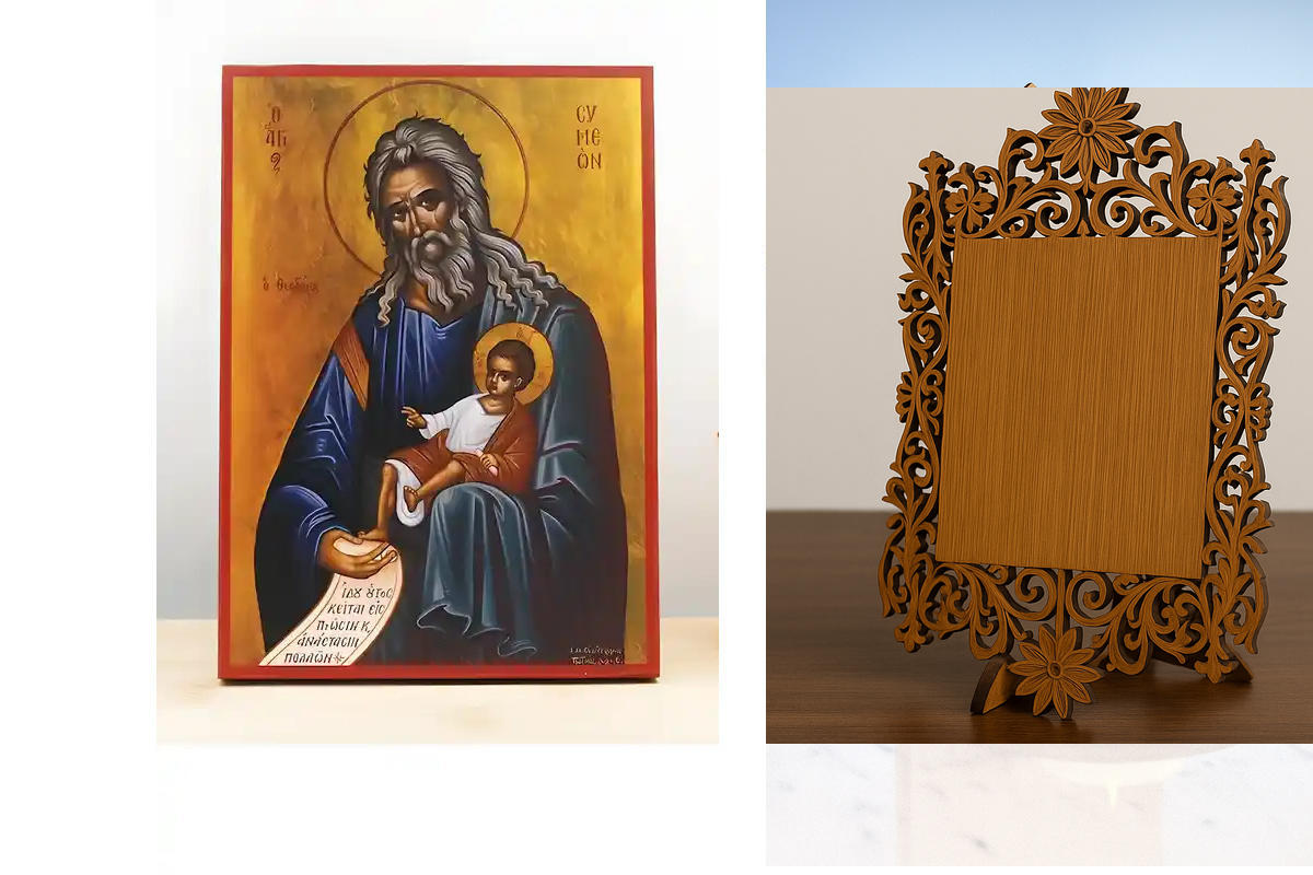 Εικόνα Ορθοδοξίας Δαντέλα μαζι με  Βάση σε  8 χρώματα με περίγραμμα χρυσό σε ξύλο Plywood (Πλακάζ)   με  βάση Άγιος Συμεών ο Θεολήπτης, Ξύλινη Χειροποίητη Εικόνα Ελληνικής Κορυφαίας Βυζαντινής τεχνοτροπίας Κρεμασμένη σε ξύλινη πλάκα Χειροποίητη Ελληνορθόδ