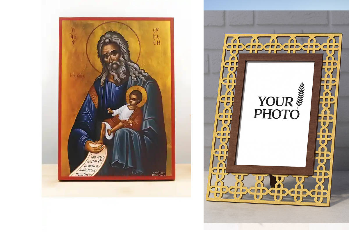 Εικόνα Ορθοδοξίας Πολυτελείας  με  σχεδιο Σταυρούς μαζι με  Βάση σε  8 χρώματα με περίγραμμα χρυσό σε ξύλο Plywood (Πλακάζ)   με  βάση Άγιος Συμεών ο Θεολήπτης, Ξύλινη Χειροποίητη Εικόνα Ελληνικής Κορυφαίας Βυζαντινής τεχνοτροπίας Κρεμασμένη σε ξύλινη πλά