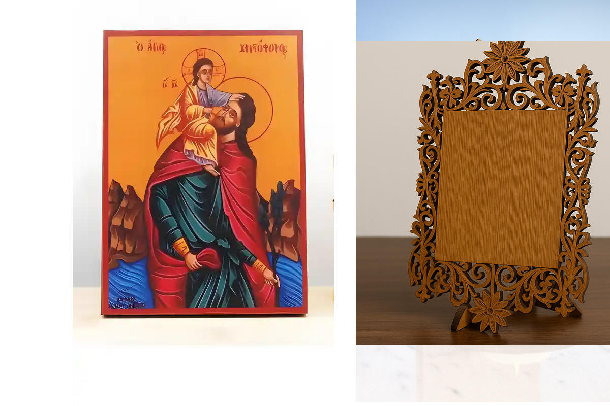 Εικόνα Ορθοδοξίας Δαντέλα μαζι με  Βάση σε  8 χρώματα με περίγραμμα χρυσό σε ξύλο Plywood (Πλακάζ)   με  βάση Άγιος Χριστόφορος που κουβαλά τον Ιησού Χριστό, Ξύλινη Χειροποίητη Εικόνα Ελληνικού Premium Βυζαντινού Στυλ Κρεμασμένο σε ξύλινη πλάκα Χειροποίητ