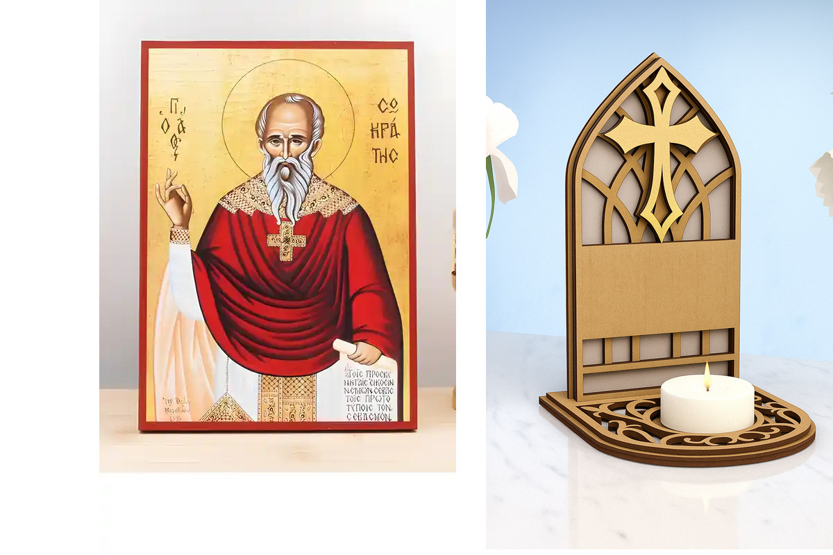 Εικόνα Ορθοδοξίας Καντηλάκι σε  8 χρώματα με περίγραμμα χρυσό σε ξύλο Plywood (Πλακάζ)   με  βάση Άγιος Σωκράτης, Ξύλινη Χειροποίητη Εικόνα Ελληνικού Βυζαντινού Στυλ Κρεμαστή σε ξύλινη πλάκα Χειροποίητη Ελληνορθόδοξη εικόνα του Ιησού Χριστού, Κρεμαστή πλά