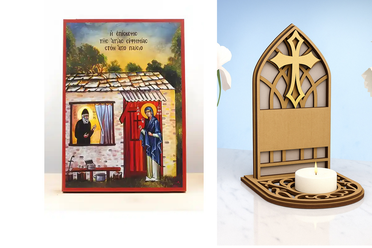 Εικόνα Ορθοδοξίας Καντηλάκι σε  8 χρώματα με περίγραμμα χρυσό σε ξύλο Plywood (Πλακάζ)   με  βάση Η Αγία Ευφημία επισκέπτεται τον Άγιο Παΐσιο, Ξύλινη Χειροποίητη Εικόνα Ελληνικού Premium Βυζαντινού Στυλ τοίχου Κρεμασμένη σε ξύλινη πλάκα Θρησκευτικό θέμα Χ