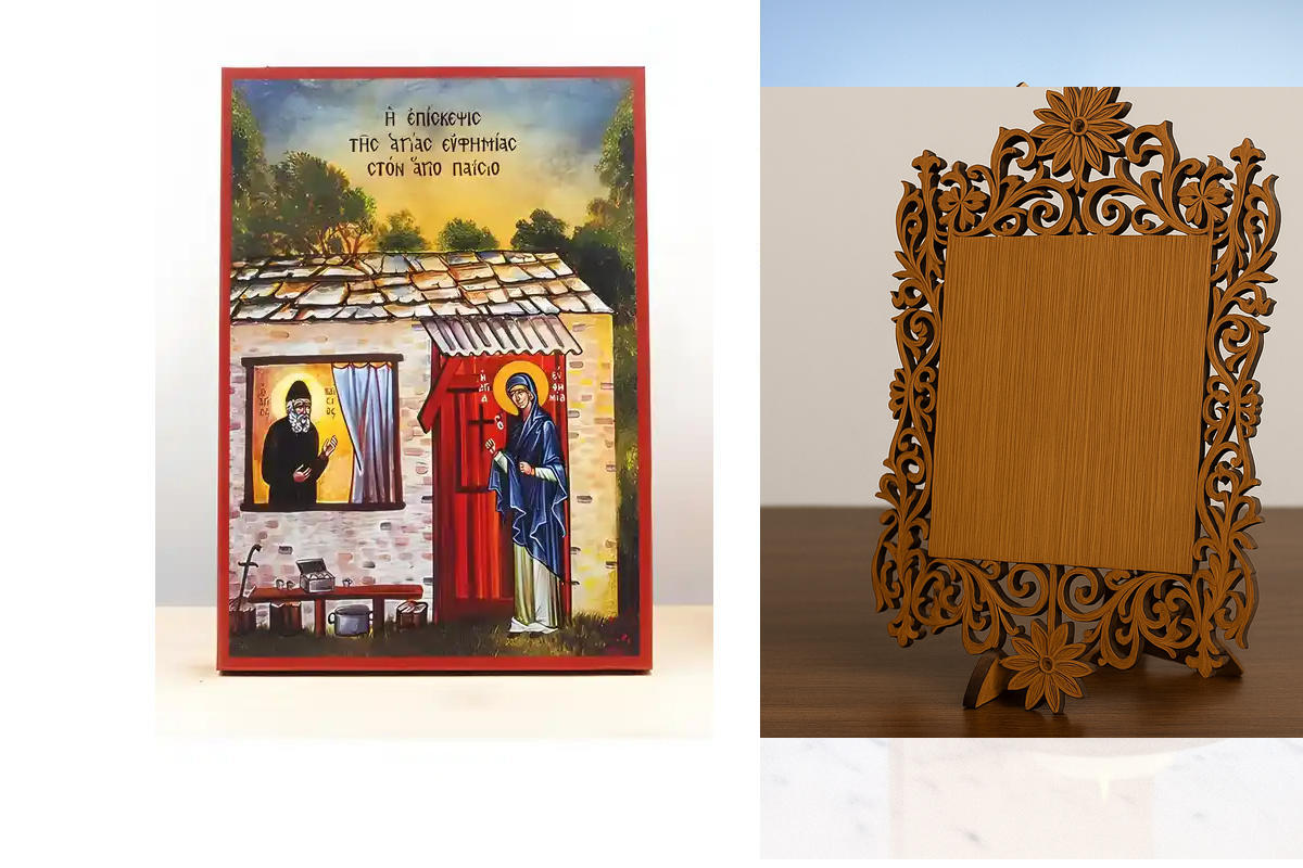 Σετ 2 τεμαχίων – Εικόνα Ορθοδοξίας Δαντέλα μαζι με  Βάση σε  8 χρώματα με περίγραμμα χρυσό σε ξύλο Plywood (Πλακάζ)   με  βάση Η Αγία Ευφημία επισκέπτεται τον Άγιο Παΐσιο, Ξύλινη Χειροποίητη Εικόνα Ελληνικού Premium Βυζαντινού Στυλ τοίχου Κρεμασμένη σε ξύ