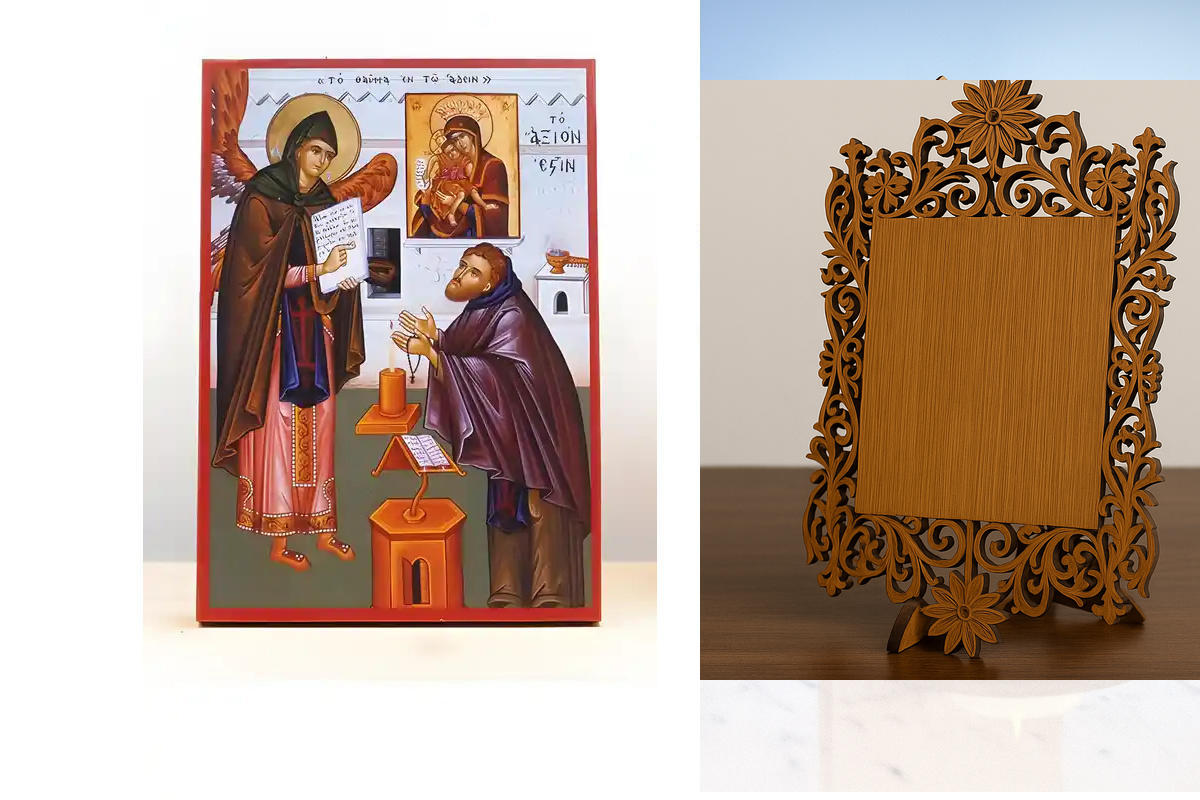 Εικόνα Ορθοδοξίας Δαντέλα μαζι με  Βάση σε  8 χρώματα με περίγραμμα χρυσό σε ξύλο Plywood (Πλακάζ)   με  βάση The Miracle of Axion Esti, Ξύλινη Χειροποίητη Εικόνα Ελληνικού Premium Βυζαντινού Στυλ Κρεμαστή σε ξύλινη πλάκα Θρησκευτικό θέμα Χειροποίητη Ελλη