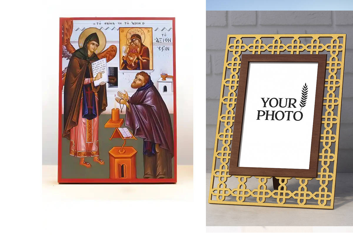 Εικόνα Ορθοδοξίας Πολυτελείας  με  σχεδιο Σταυρούς μαζι με  Βάση σε  8 χρώματα με περίγραμμα χρυσό σε ξύλο Plywood (Πλακάζ)   με  βάση The Miracle of Axion Esti, Ξύλινη Χειροποίητη Εικόνα Ελληνικού Premium Βυζαντινού Στυλ Κρεμαστή σε ξύλινη πλάκα Θρησκευτ