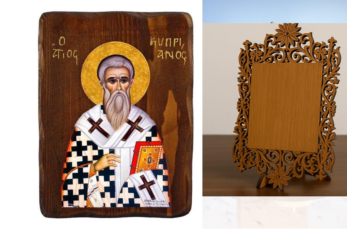 Εικόνα Ορθοδοξίας Δαντέλα μαζι με  Βάση σε  8 χρώματα με περίγραμμα χρυσό σε ξύλο Plywood (Πλακάζ)   με  βάση Εικόνα του Αγίου Κυπριακού, Χειροποίητη Ελληνορθόδοξη εικόνα του Αγίου Κυπριανού, επιτοίχια πλάκα βυζαντινής τέχνης, θρησκευτικό δώρο, χριστιανικ