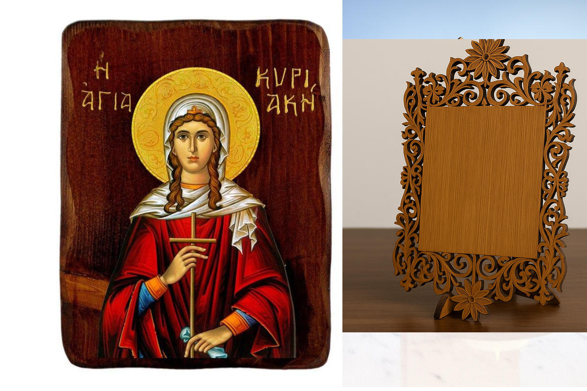 Σετ 2 τεμαχίων – Εικόνα Ορθοδοξίας Δαντέλα μαζι με  Βάση σε  8 χρώματα με περίγραμμα χρυσό σε ξύλο Plywood (Πλακάζ)   με  βάση Εικόνα Αγίας Κυριακής, Χειροποίητη Ελληνορθόδοξη εικόνα Αγίας Κυριακής, επιτοίχια πλάκα βυζαντινής τέχνης, θρησκευτικό δώρο, χρι