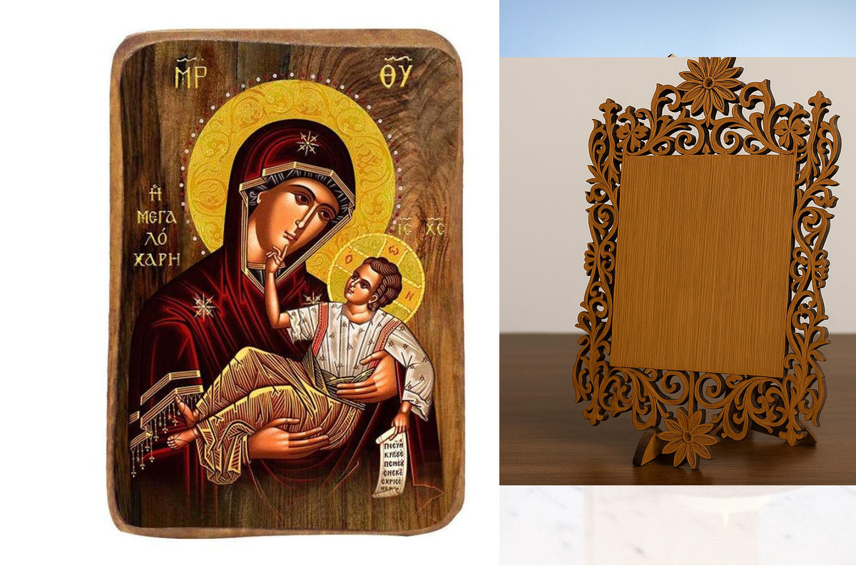 Σετ 2 τεμαχίων – Εικόνα Ορθοδοξίας Δαντέλα μαζι με  Βάση σε  8 χρώματα με περίγραμμα χρυσό σε ξύλο Plywood (Πλακάζ)   με  βάση Μπομπονιέρα βάπτισης Παναγία Σετ 20 τεμαχίων, Εικόνα Βάπτισης, Χειροποίητη Βυζαντινή εικόνα Bomboniera 9x6cm, Χριστιανικό Δώρο Δ