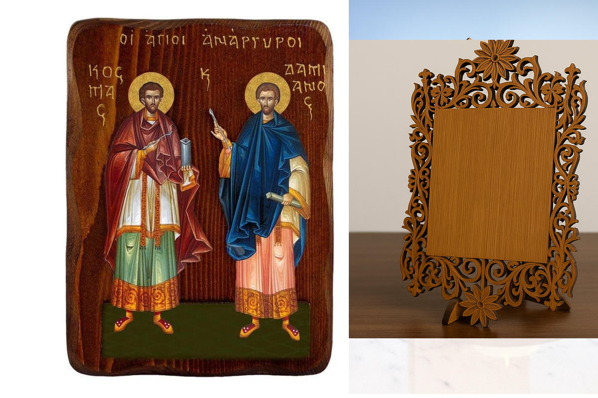 Εικόνα Ορθοδοξίας Δαντέλα μαζι με  Βάση σε  8 χρώματα με περίγραμμα χρυσό σε ξύλο Plywood (Πλακάζ)   με  βάση Εικόνα των Αγίων Άμισθων Κοσμά και Δαμιανού, Χειροποίητη ελληνορθόδοξη εικόνα, επιτοίχια πλάκα βυζαντινής τέχνης, θρησκευτικό δώρο, χριστιανική δ