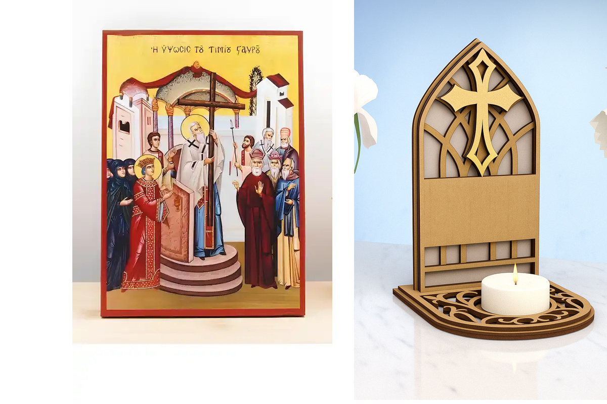 Εικόνα Ορθοδοξίας Καντηλάκι σε  8 χρώματα με περίγραμμα χρυσό σε ξύλο Plywood (Πλακάζ)   με  βάση Ύψωση Τιμίου Σταυρού, Ξύλινη Χειροποίητη Εικόνα Ελληνικής Premium Βυζαντινού Στυλ Κρεμαστή σε ξύλινη πλάκα Θρησκευτικό θέμα Χειροποίητη Ελληνορθόδοξη εικόνα