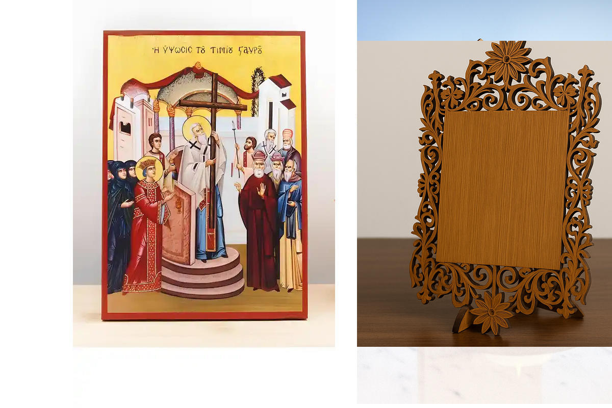 Σετ 2 τεμαχίων – Εικόνα Ορθοδοξίας Δαντέλα μαζι με  Βάση σε  8 χρώματα με περίγραμμα χρυσό σε ξύλο Plywood (Πλακάζ)   με  βάση Ύψωση Τιμίου Σταυρού, Ξύλινη Χειροποίητη Εικόνα Ελληνικής Premium Βυζαντινού Στυλ Κρεμαστή σε ξύλινη πλάκα Θρησκευτικό θέμα Χειρ